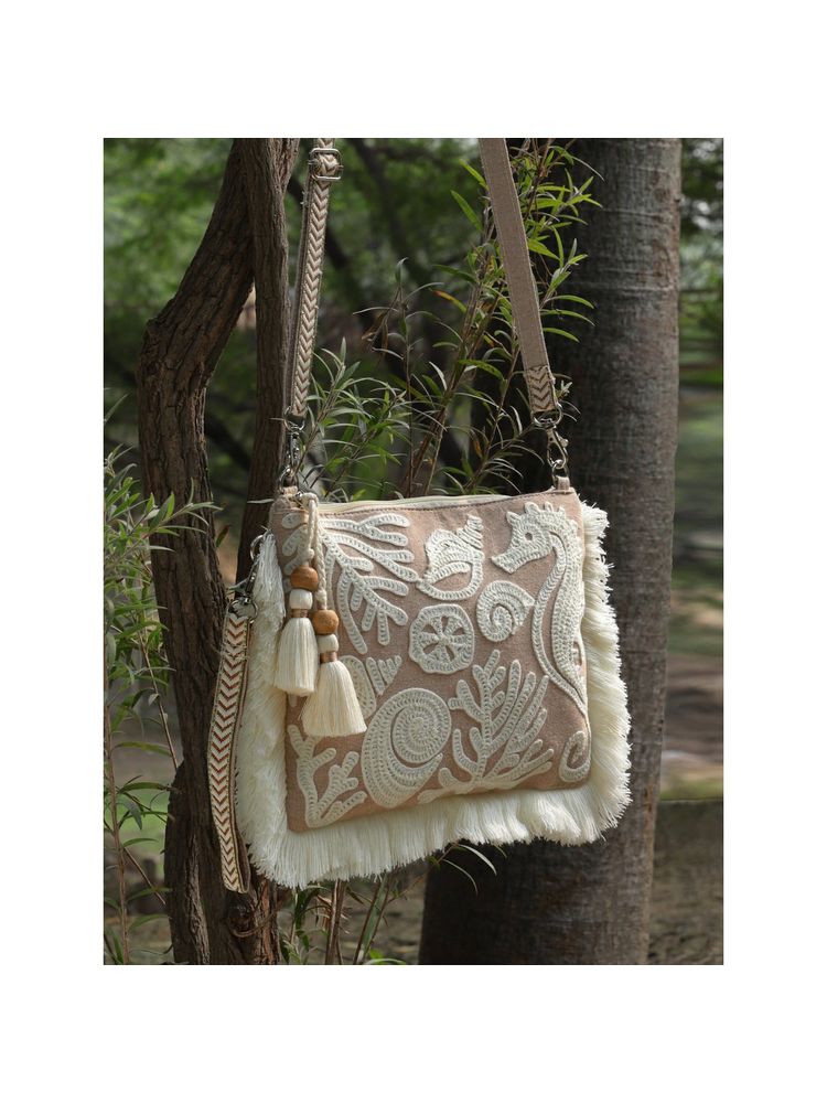 Anekaant Kooky Beige & White Boho Quirky Embroidered Cotton Sling Bag-picture-12