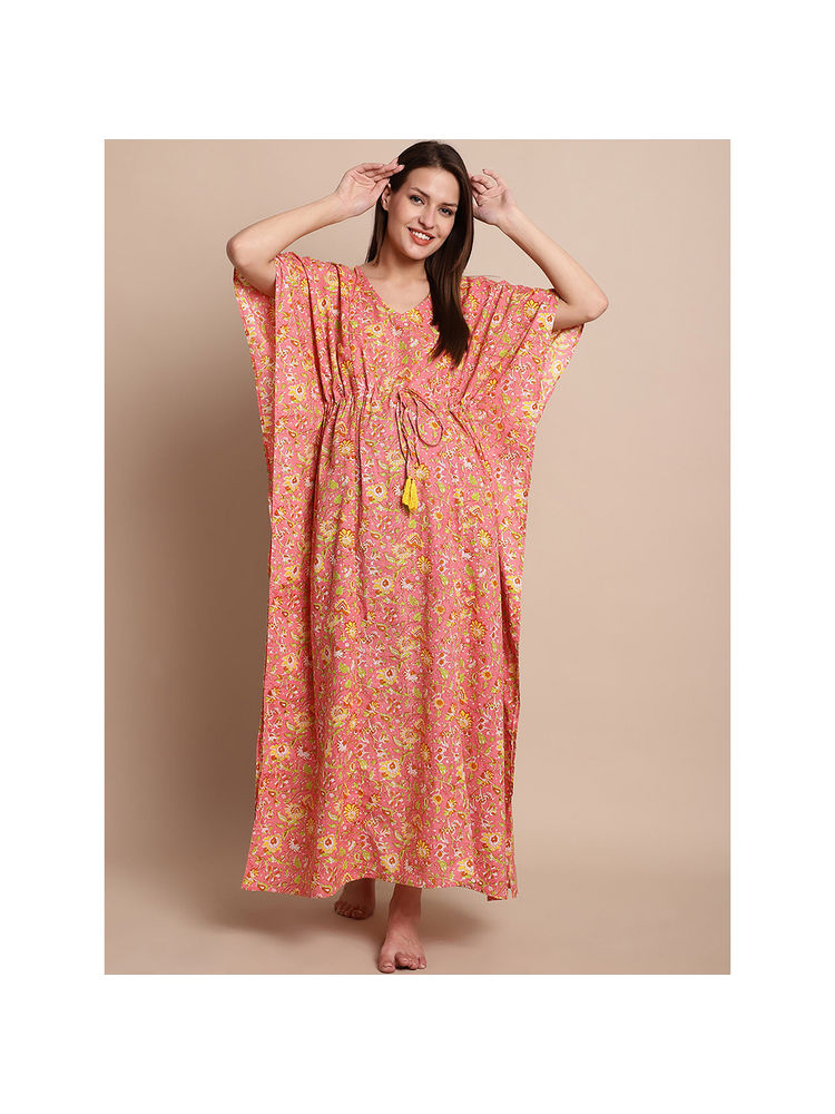 Secret Wish Peach & Yellow Cotton Floral Maternity Kaftan-picture-19