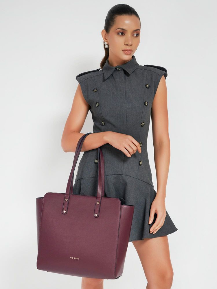 THE GUSTO Beyond Plus Maroon Grained Tote Bag (S)-picture-16