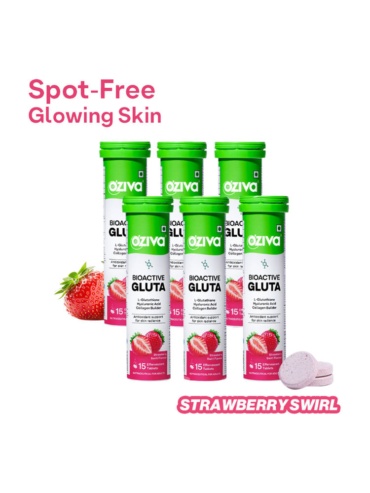 OZiva Bioactive Gluta Fizzy (L-Glutathione), Reduce Cellular Damage on Skin - Strawberry (Pack 6)