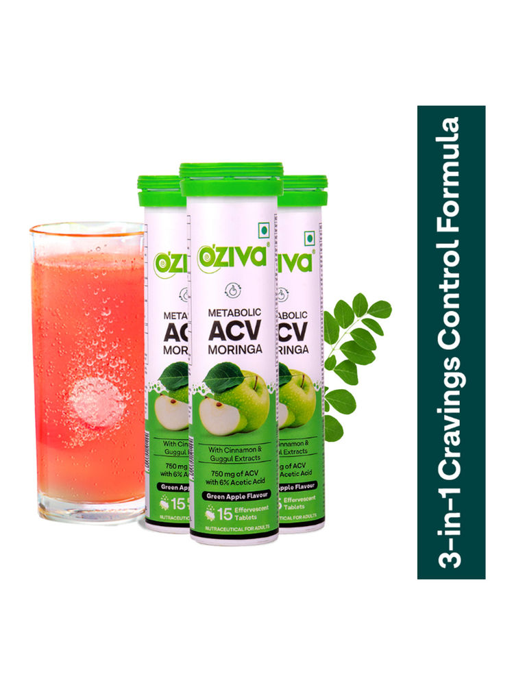 Oziva ACV Moringa To Control Cravings, Apple Cider Vinegar, No Maltodextrin (Green Apple) Pack of 3
