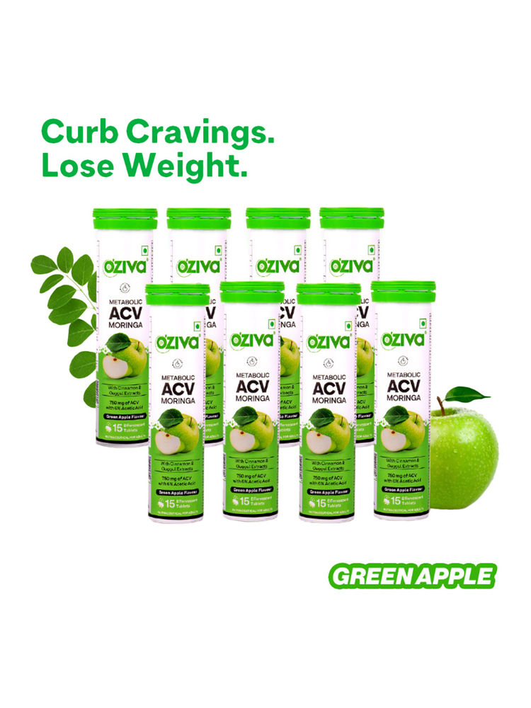 OZiva ACV Moringa To Control Cravings, Apple Cider Vinegar, No Maltodextrin, (Green Apple) Pack of 8
