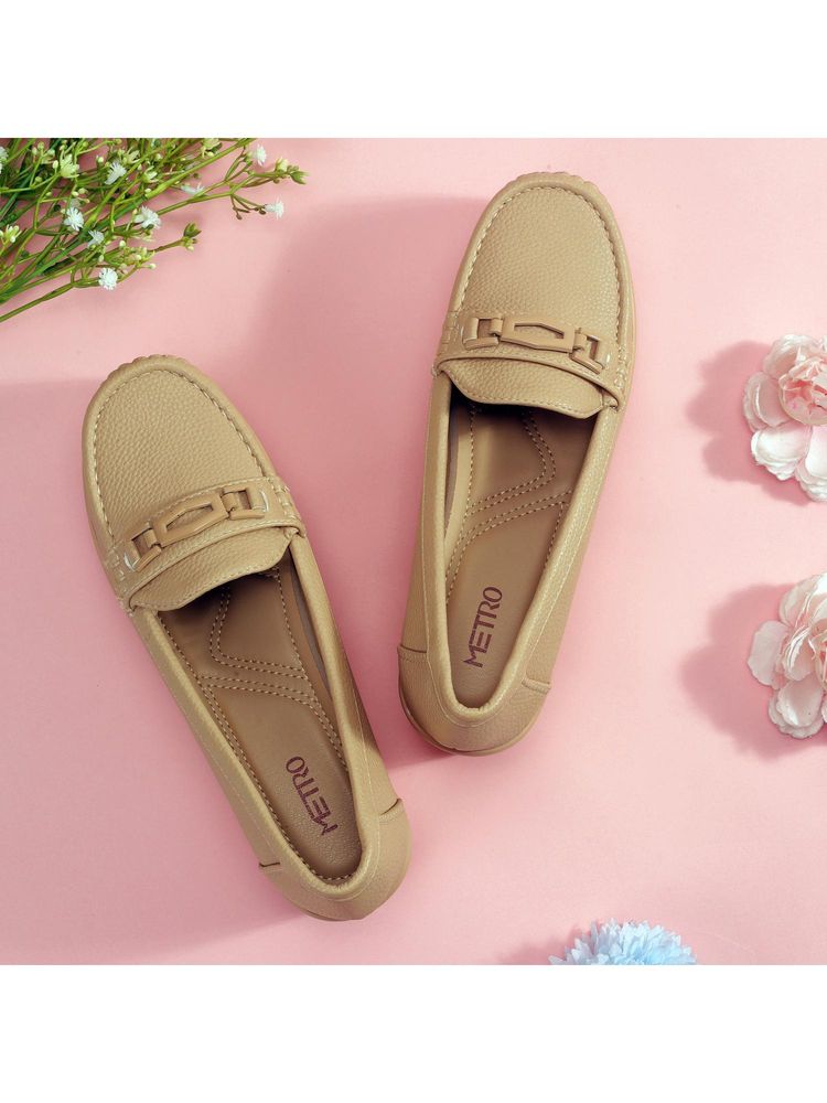 Metro Women Beige Slip On Wedges Loafers-image-11