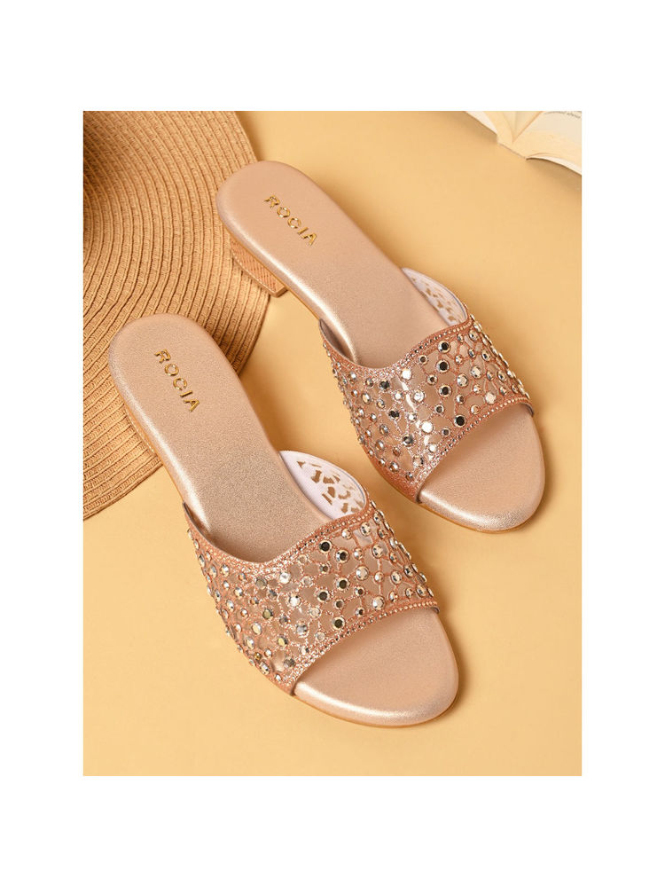ROCIA By Regal Rose Gold Women Fancy Mesh Studded Block Heels Sandals-image-7