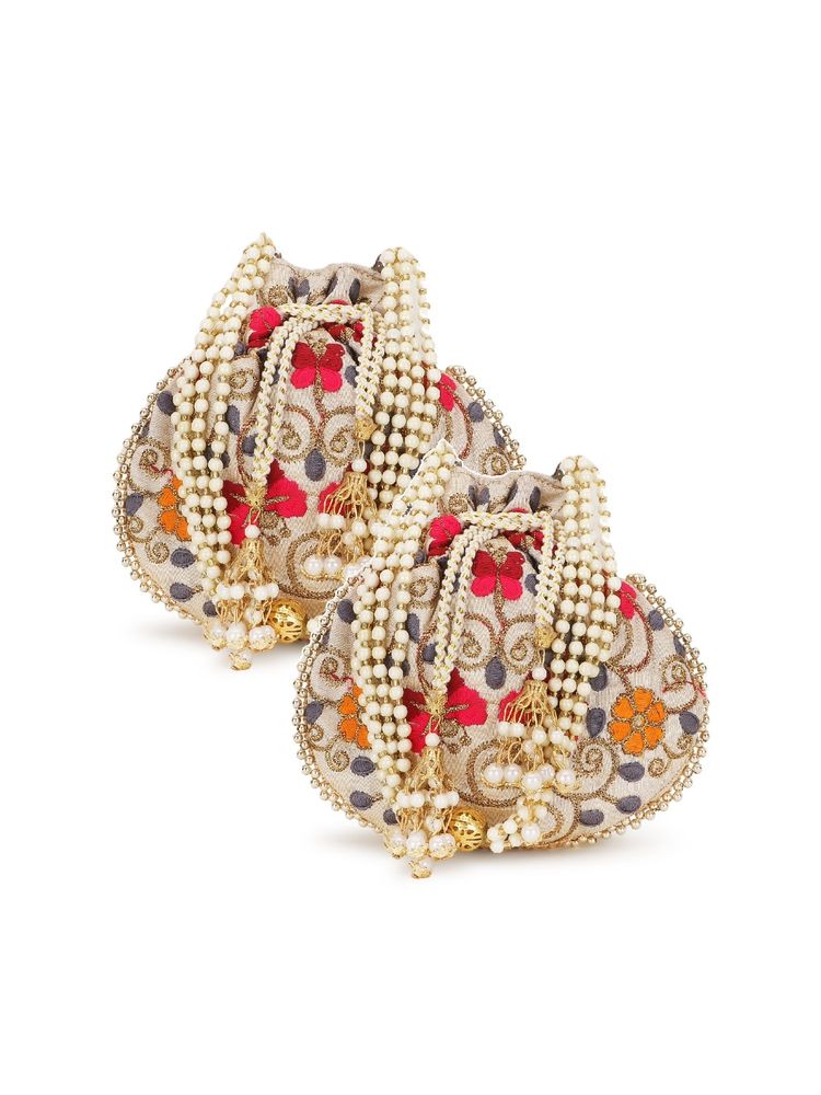 Anekaant Dangle Cream & Multi-Color Floral Embroidered Faux Silk Potlis Combo (Pack Of 2)-image-19