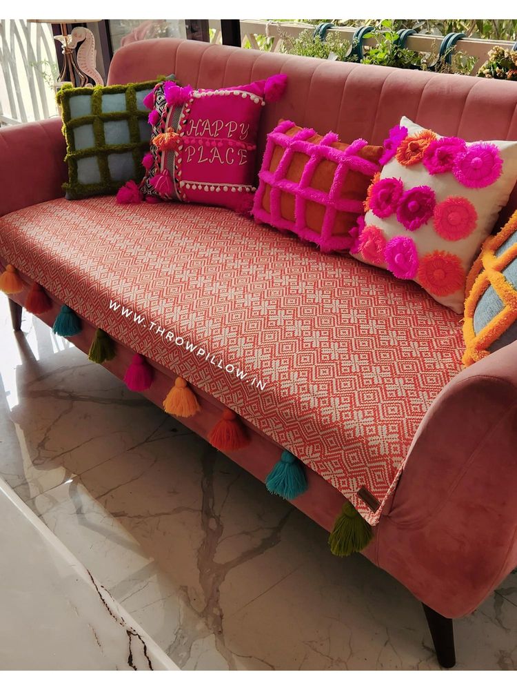 THROW PILLOW Orange Aztec With Multicolour Tassels Sofa Cover 1Pc-picture-19