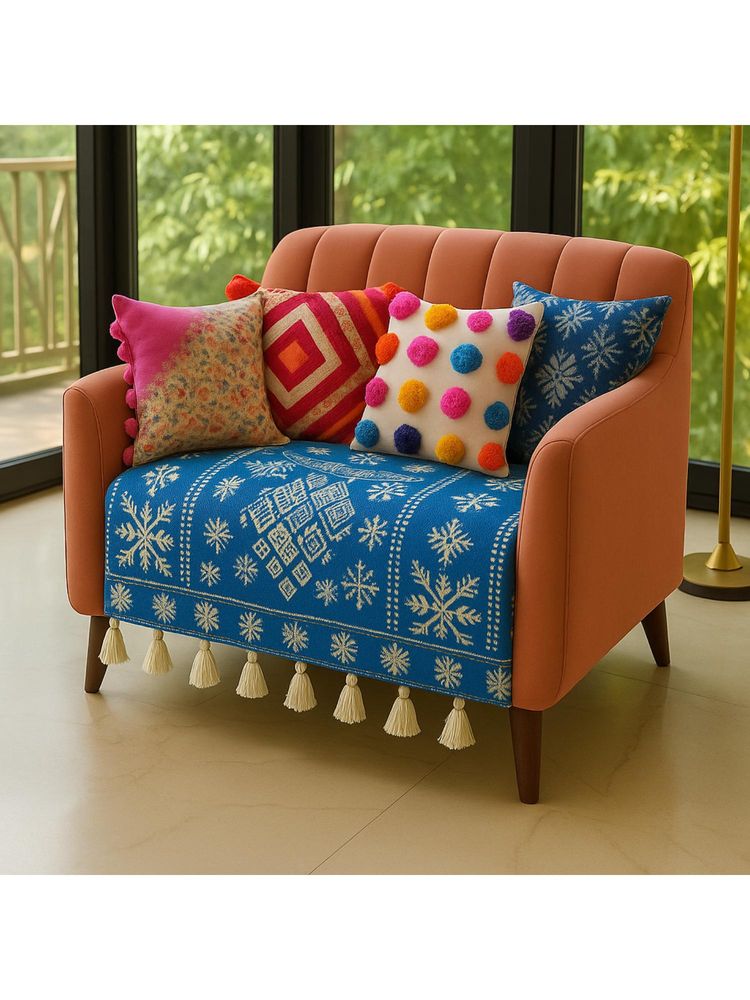 THROW PILLOW Blue Alpine Printed With Tassels Sofa Cover 1Pc-picture-21