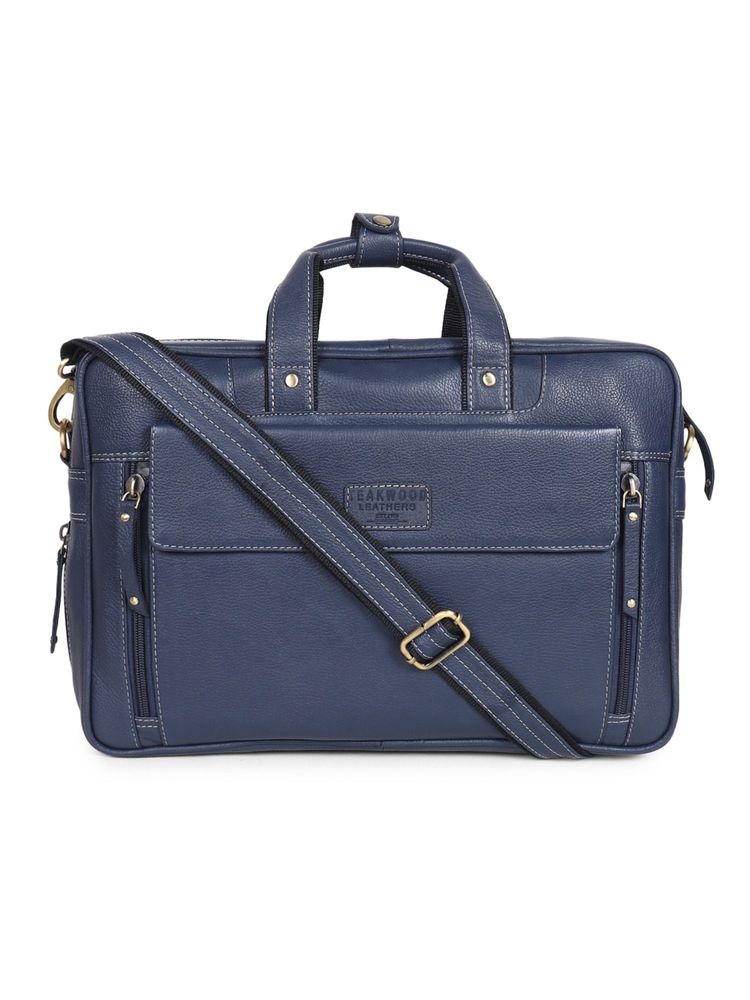 Teakwood Unisex Blue solid Leather Laptop Bag-image-26