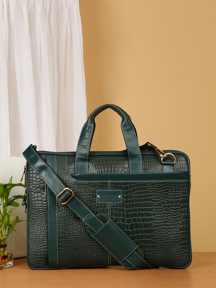 Teakwood Unisex Green Croco Leather Laptop Bag-image-4