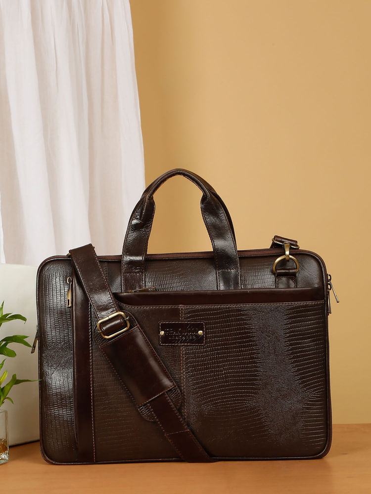Teakwood Unisex Brown Lizard Leather Structured Laptop Bag-picture-30