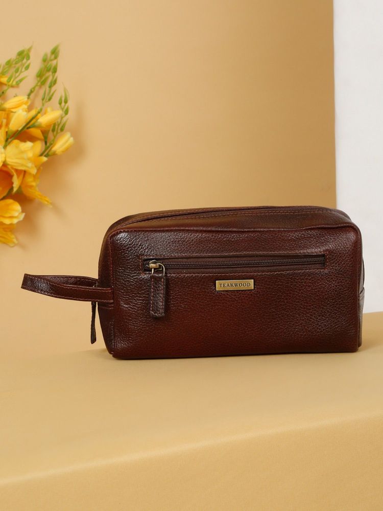 Teakwood Unisex Maroon Leather Travel Toiletry Pouch-image-5