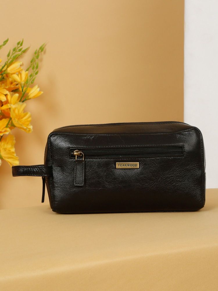 Teakwood Unisex Black Leather Travel Toiletry Pouch-image-36