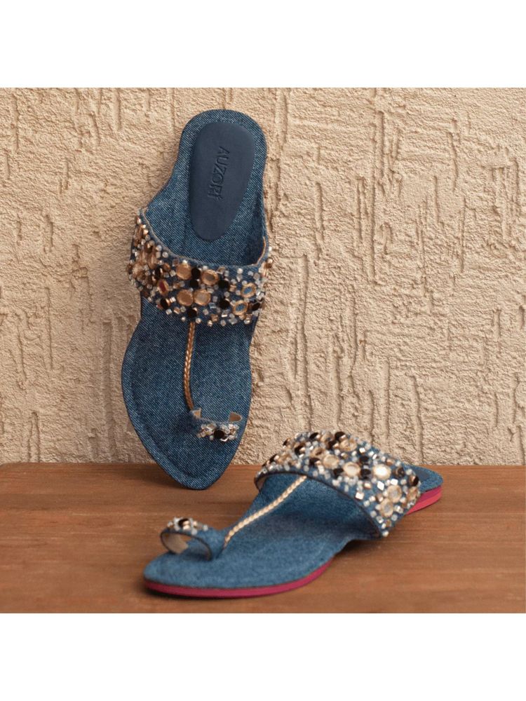 AUZORI Women Denim Embroidered Mirror Kolhapuri - Blue-image-46