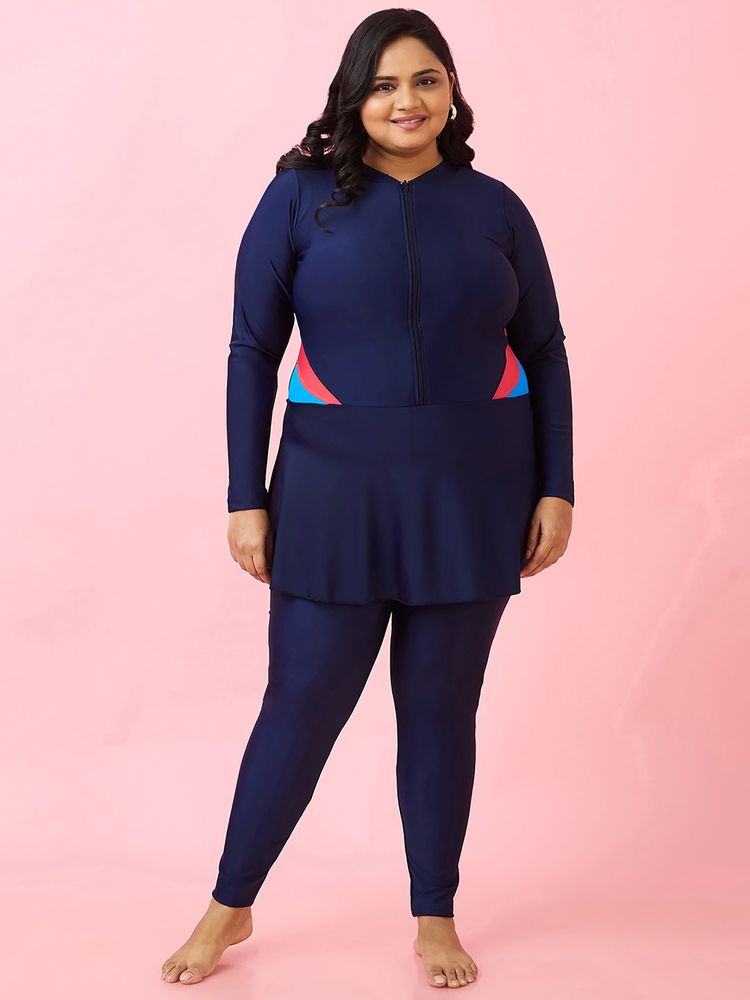 LYCOT Women Navy Blue Nylon Full Coverage Zip Swim Dress with Attached Tights-image-6