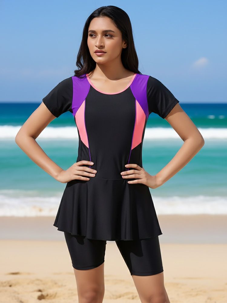 LYCOT Women Black Colorblock Swim Dress with Attached Shorts-picture-24