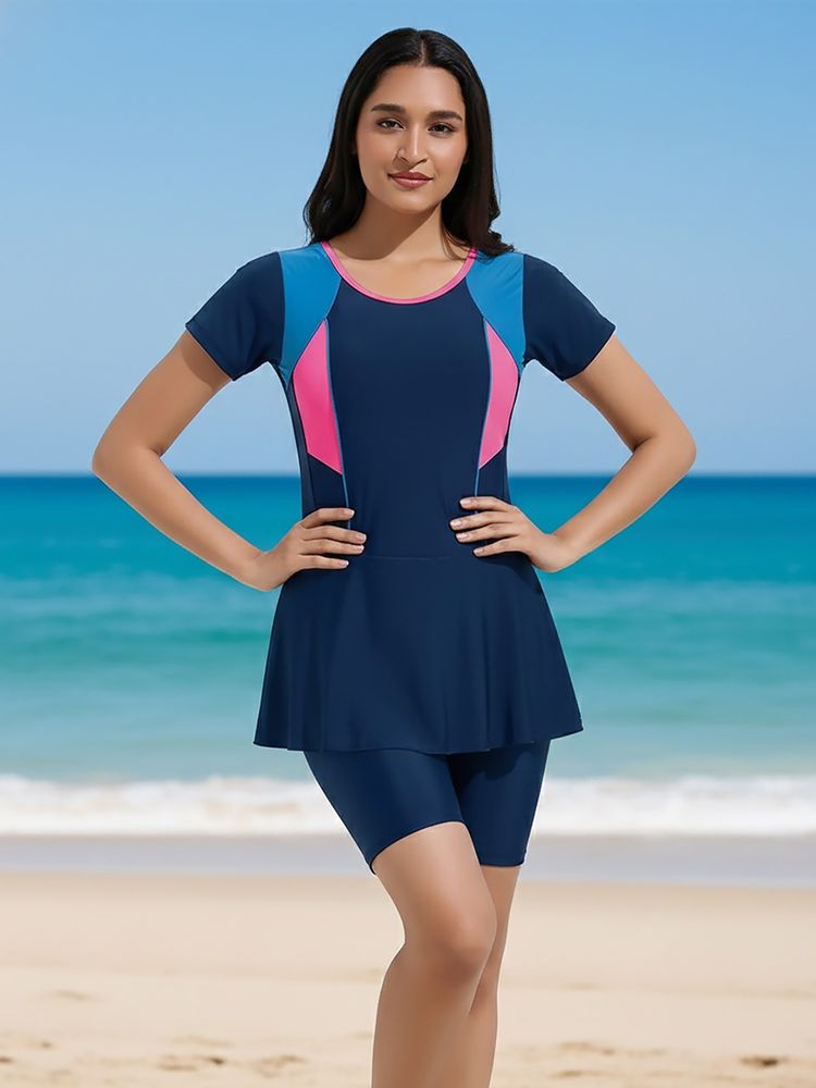 LYCOT Women Navy Blue Colorblock Swim Dress with Attached Shorts-image-7