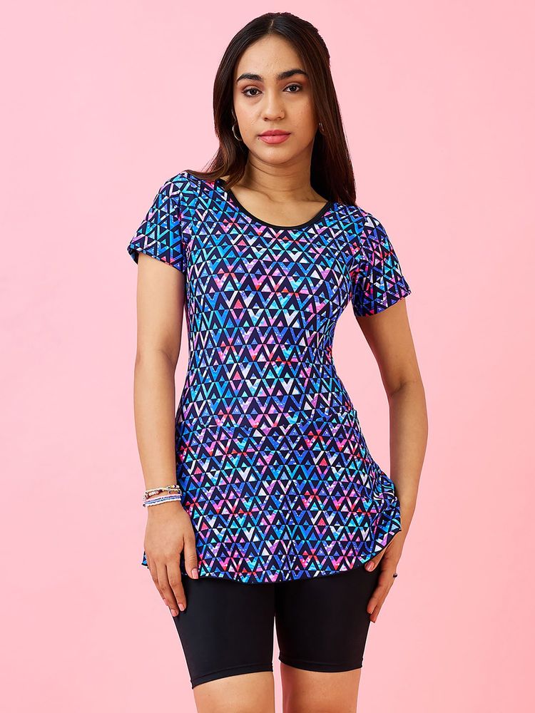 LYCOT Women Blue Nylon Abstract Triangles Printed Swim Dress with Attached Shorts-image-1