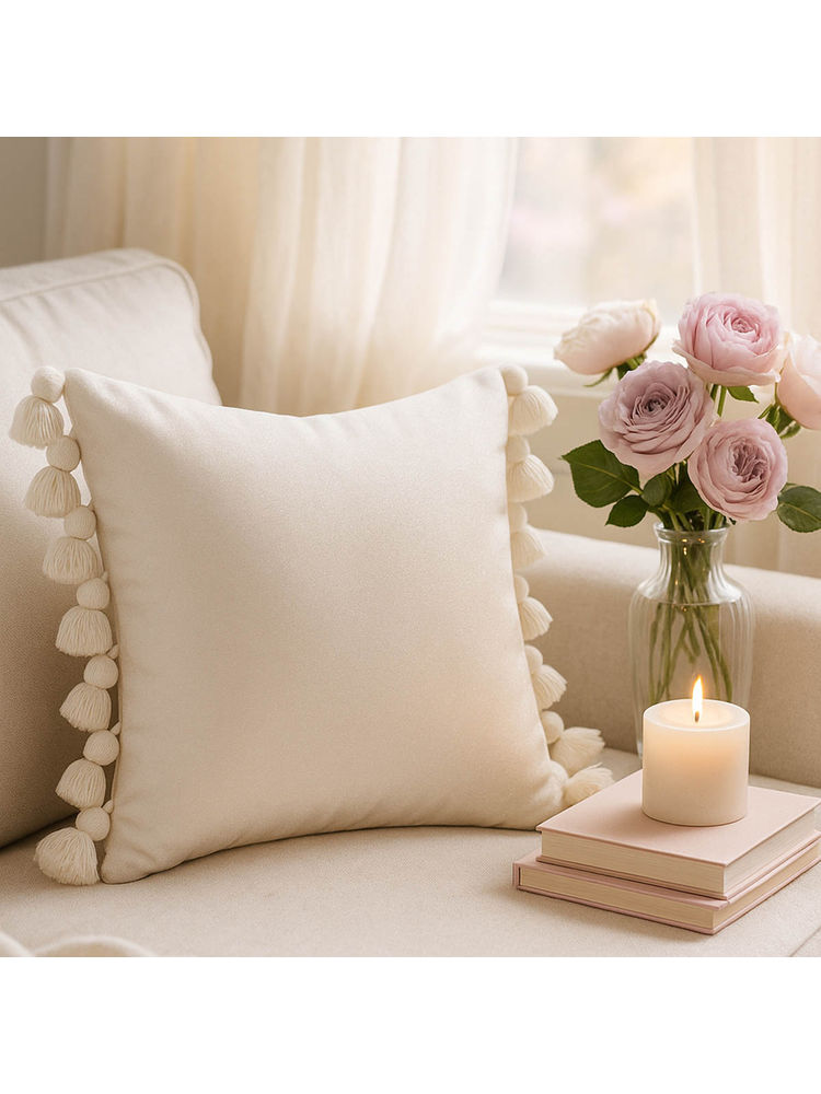 THROW PILLOW Simply Serene Neutral Solid with Bud Tassels Cushion Cover (16x16 inches)-picture-32