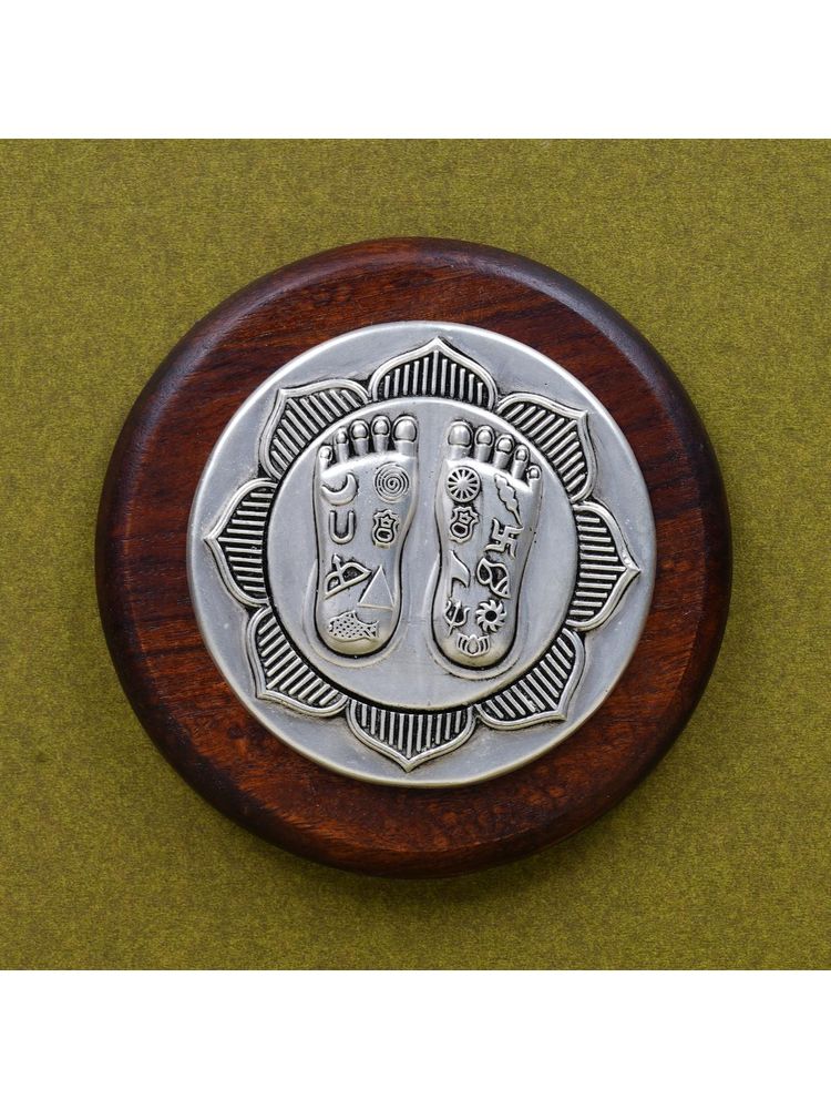 SABERA Silver Lakshmi Charan on Lotus - Pair on Elegant Wooden Plank-picture-8