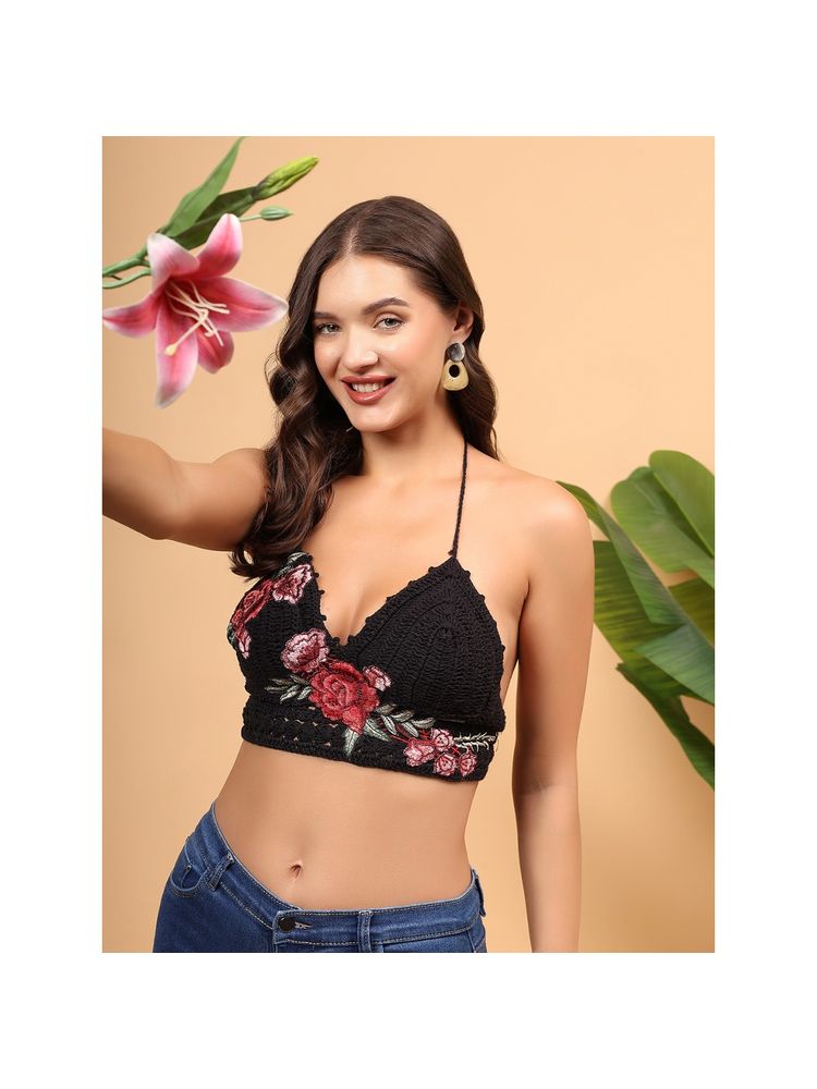 Velvery Crochet Rose Bralette - Black-picture-10