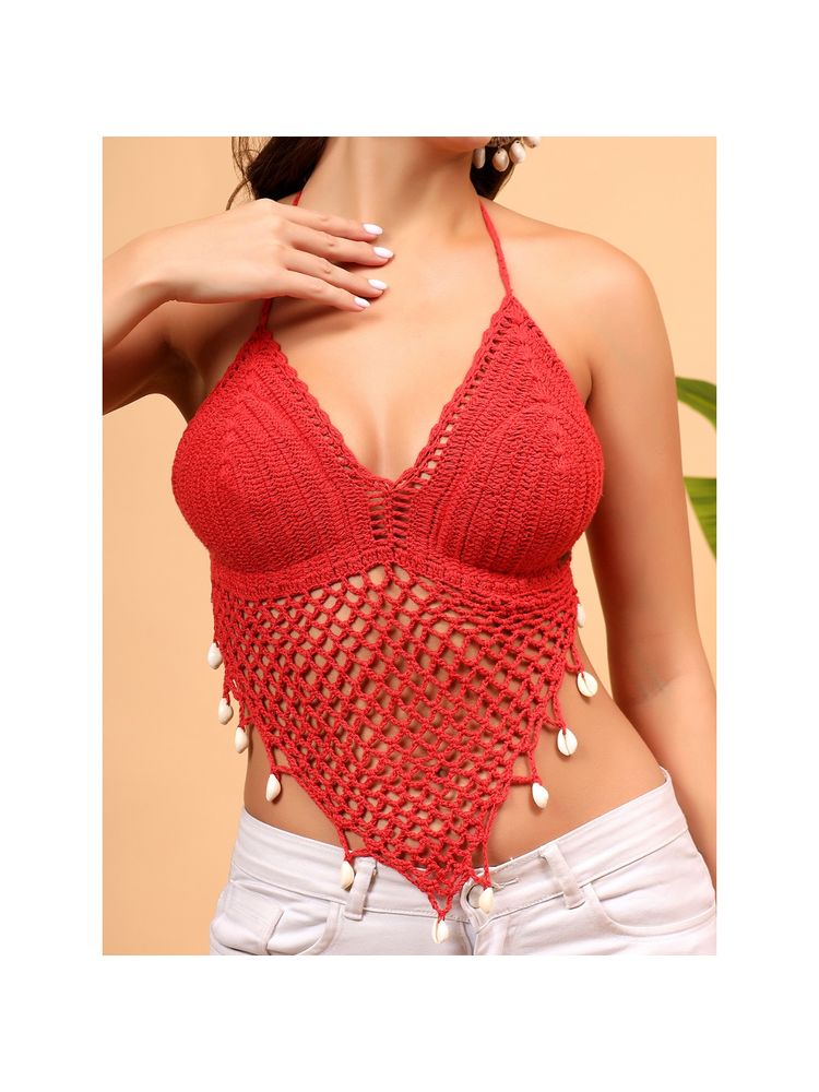 Velvery Shell Detailed Halterneck Crochet Bralette - Red-picture-5