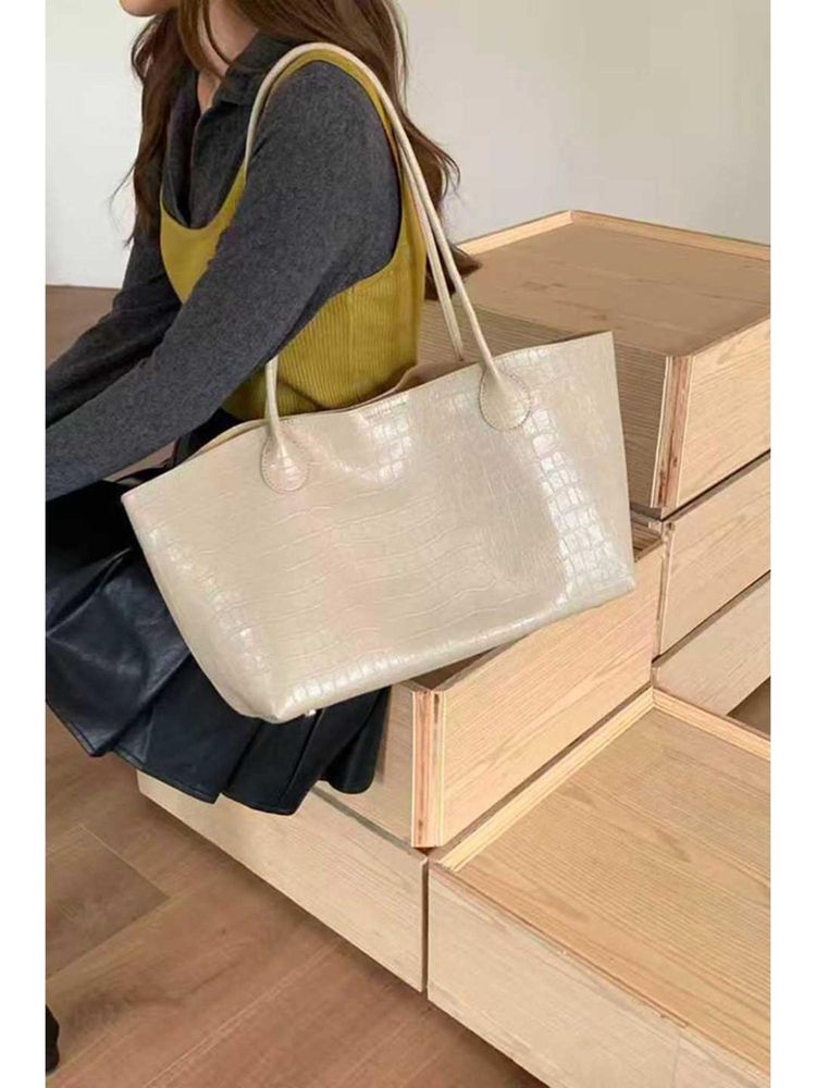 MINI WESST Off White Leather Women Tote Bag-image-15