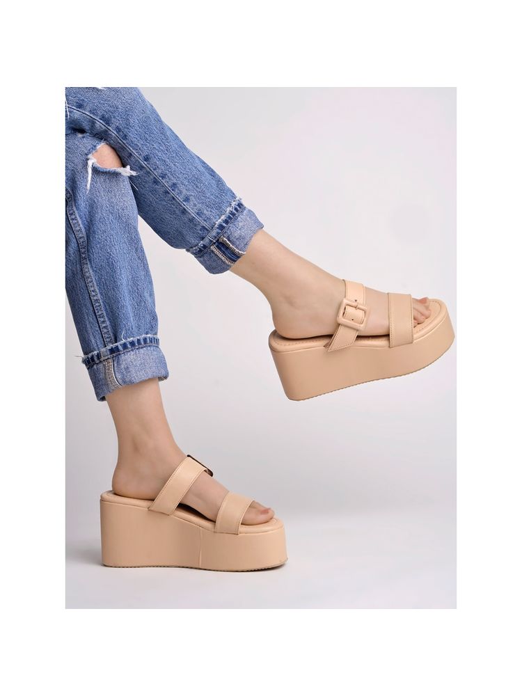 Shoetopia Fashionable Cream Platform Heels For Women And Girls