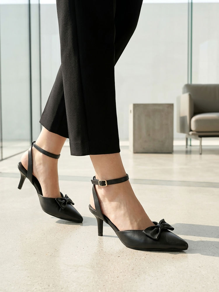 ELLE Women'S Pointed Toe Kitten Sandal Heels with Bow Detail-Black-picture-22