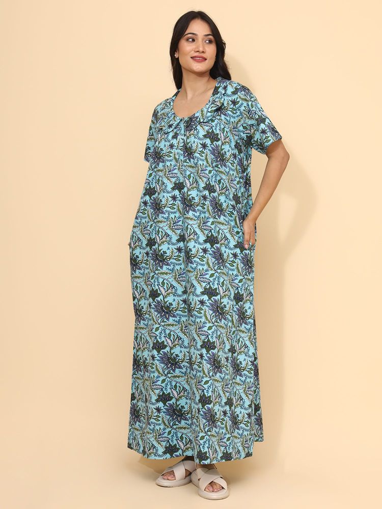 YELLOW BLOOM Blue Cotton Nightdress-image-17