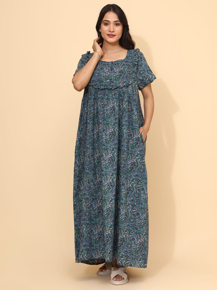 YELLOW BLOOM Blue Cotton Nightdress-image-18