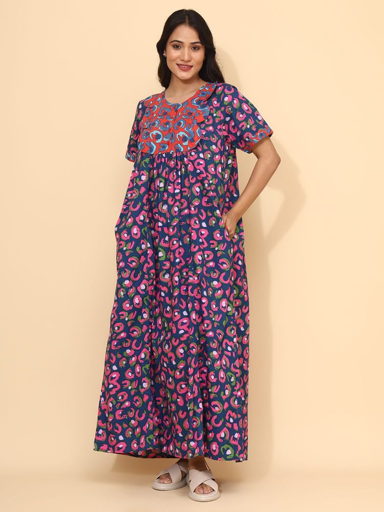 YELLOW BLOOM Navy Blue Cotton Nightdress-image-5