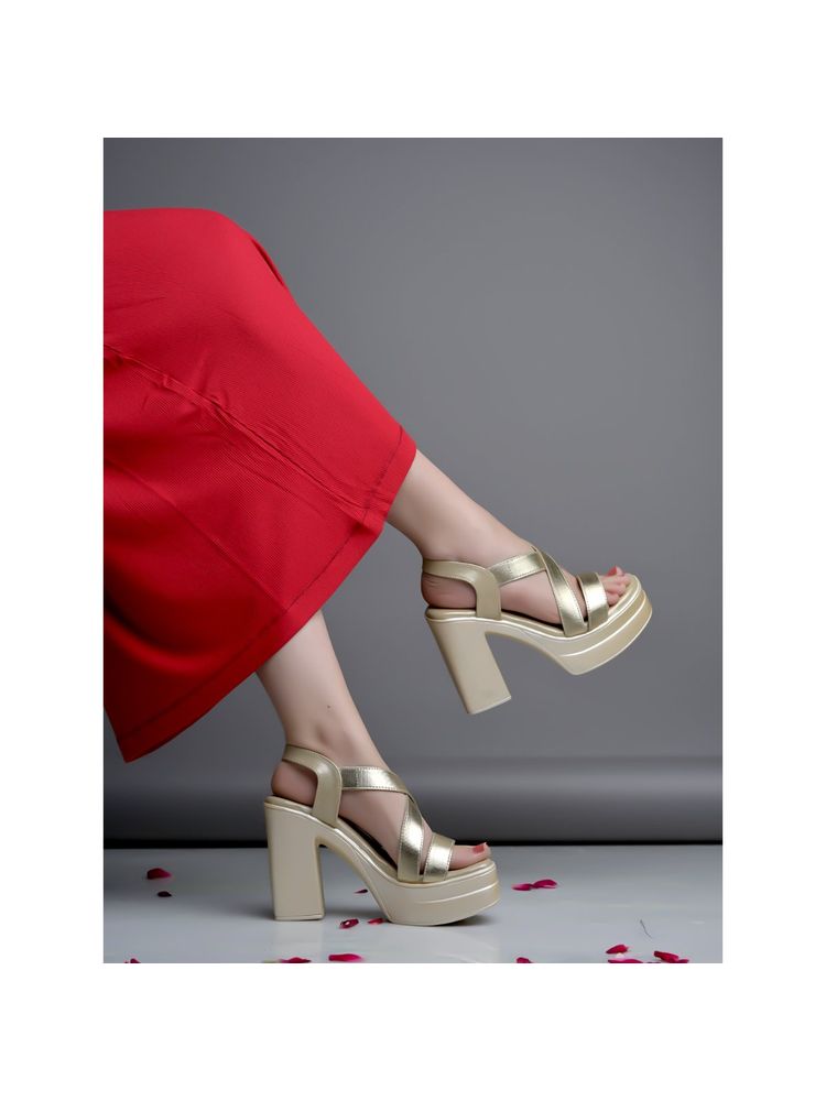 Shoetopia Women Western Embellished Golden Block Heeled Sandals-image-22