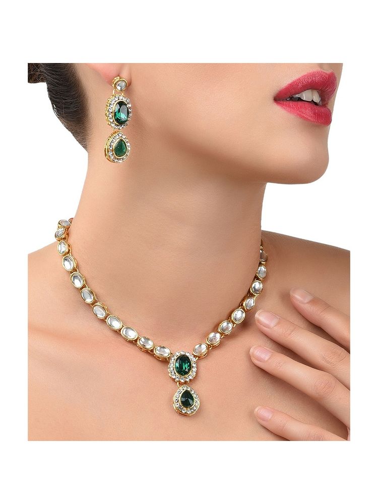 Zaveri Pearls Gold Tone Kundan & Green Stones Wedding Collection Necklace & Earring Set (ZPFK9597)