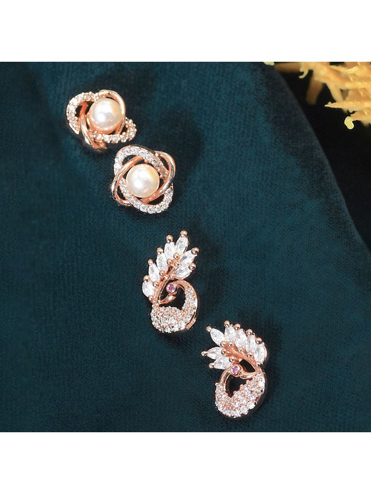 Zaveri Pearls Combo of 2 RoseGold Cubic Zirconia Brass Stud Earrings (ZPFK10218)-picture-12