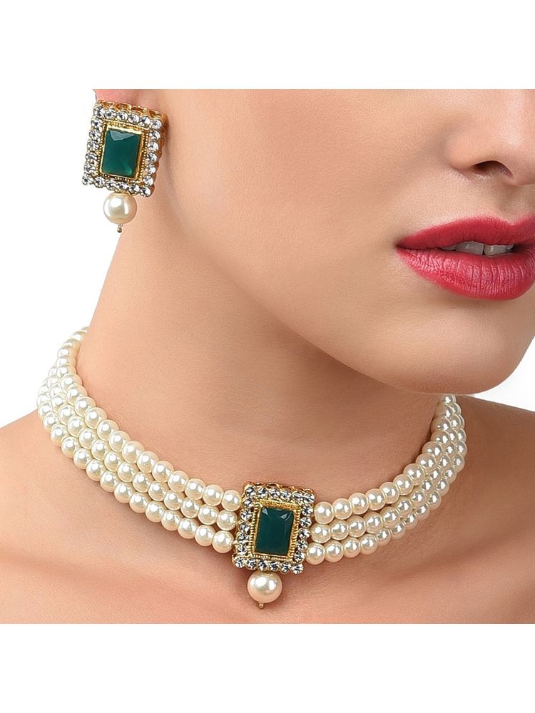 Zaveri Pearls Green Stones & Multistrand Pearls Ethnic Choker Necklace & Earring Set (ZPFK10144)