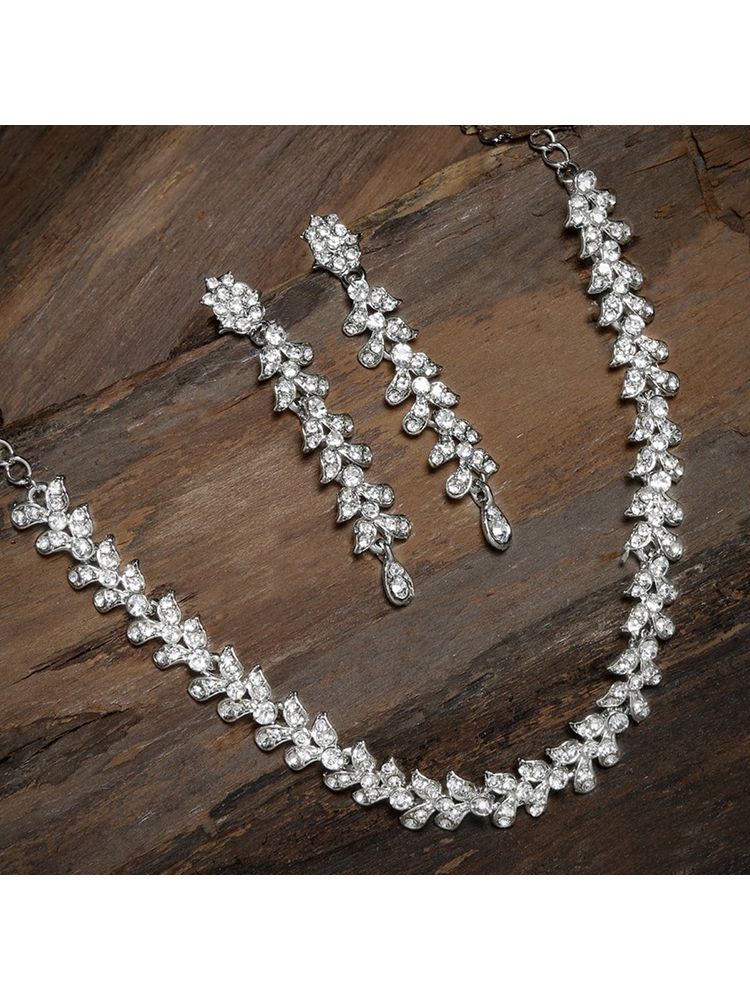 Zaveri Pearls Silver Tone Austrian Diamonds Contemporary Necklace & Earring Set - ZPFK8939