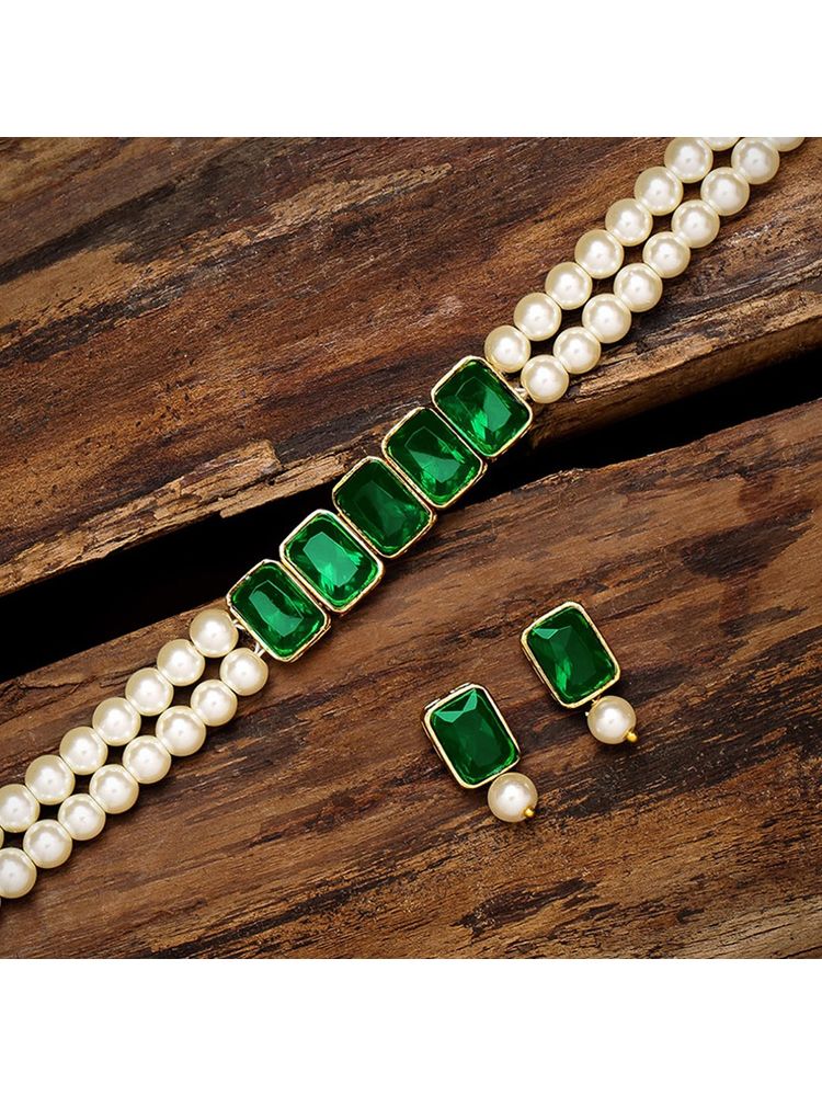 Zaveri Pearls Green Stones & Pearls Choker Necklace & Earring Set - ZPFK9092