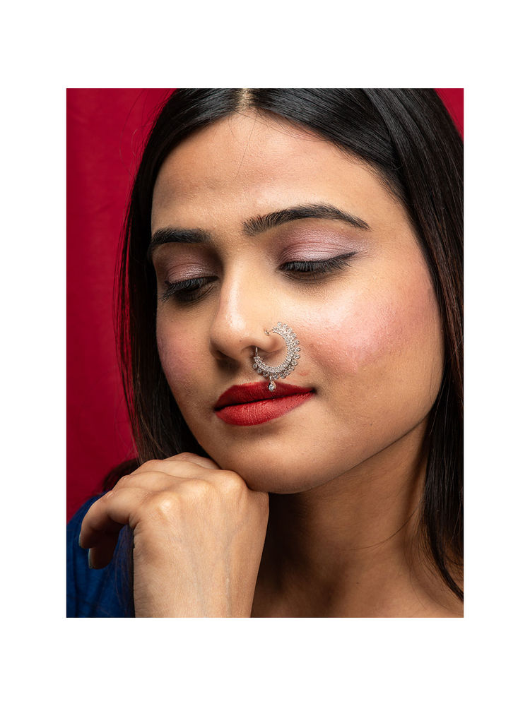Niscka Ethnic Silver Plated White Ad Nose Ring-image-4