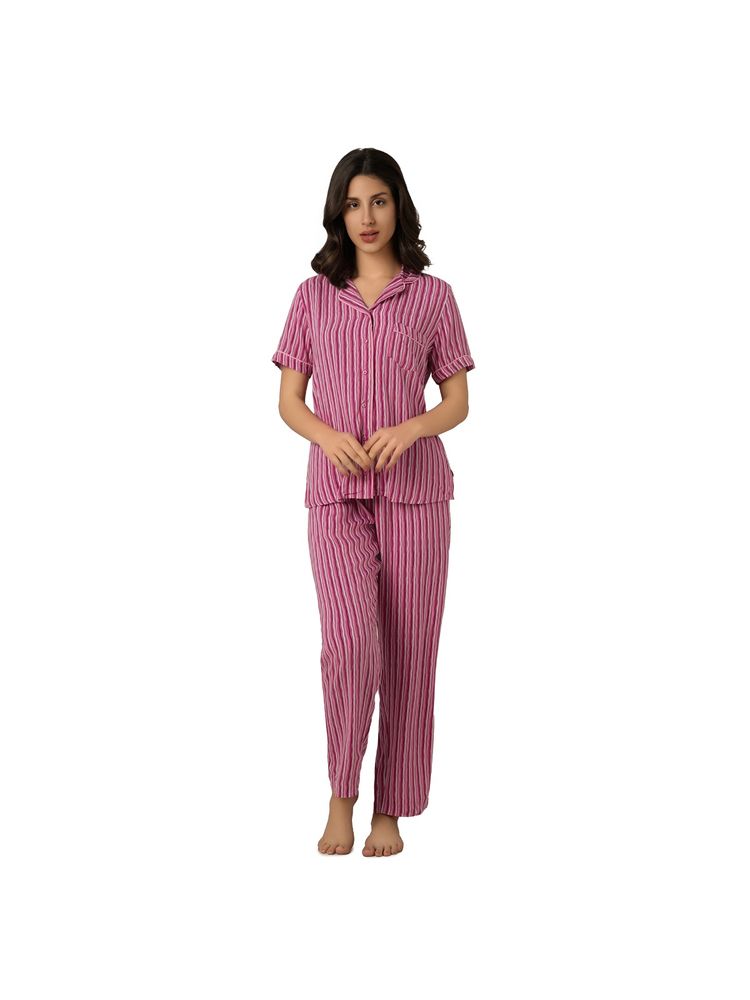 Amante Women Viscose Stripes Purple Shirt with Pyjama (Set of 2)-image-43