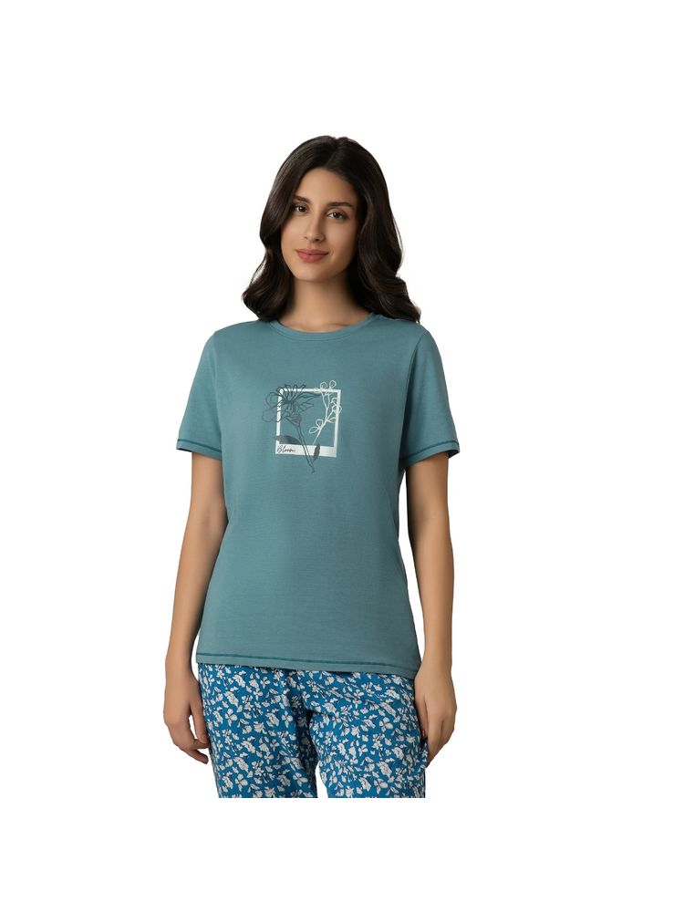 Amante Women Knit Cotton Printed Blue T-Shirt-picture-17
