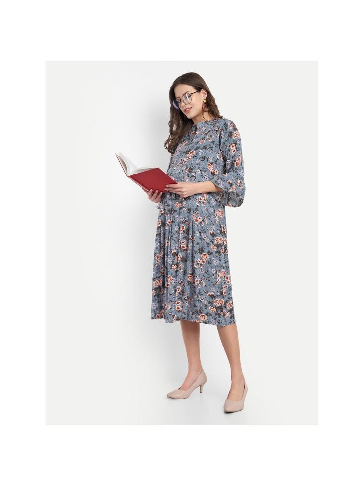 Grey Rayon Floral V-Neck Maternity/Feeding Short Dress-image-25
