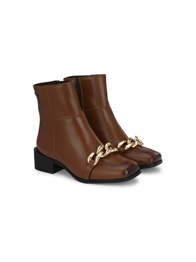 Delize Women Tan Solid Mid Heel Ankle Chelsea Boots With Chain Details-image-26