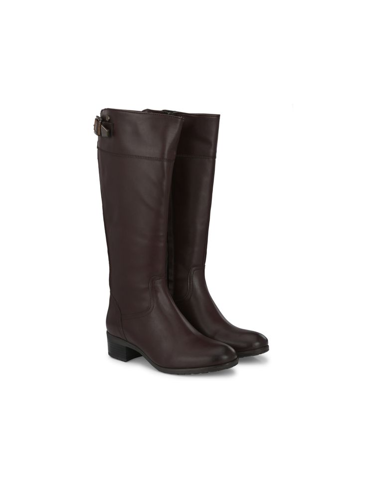 Delize Women Brown Solid Long Chelsea Boots With Buckle Strap-image-3
