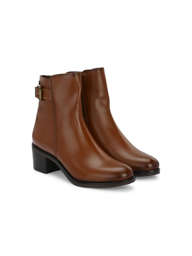 Delize Women Tan Solid Ankle Chelsea Boots With Buckle Strap Detail-image-7