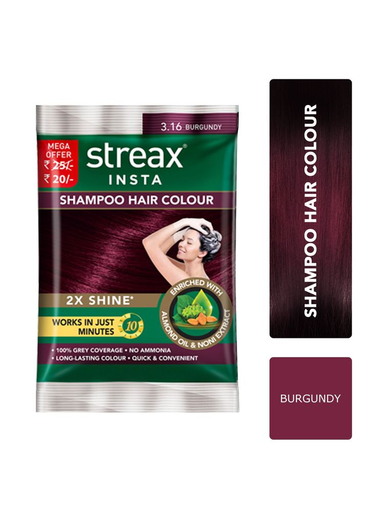 Streax Insta Shampoo Hair colour for 100% Grey Coverage, Burgundy