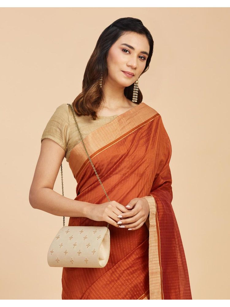 Fabindia Beige Silk Blend Hand Embroidered Clutch with Detachable Strap-image-10