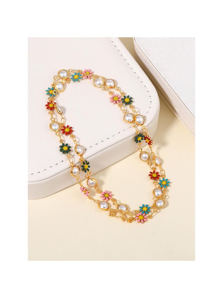 Estele Gehena Gold Finish Minimal Multi-Color Floral Charm Necklace-image-49