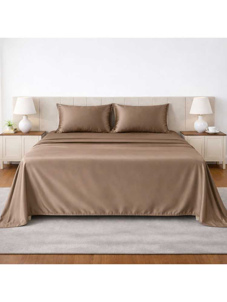 LANE LINEN Brown Satin Fantasy Cotton Bedsheet with 2 Pillow Covers-image-14