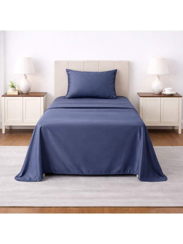 LANE LINEN Navy Blue Satin Fantasy Cotton Bedsheet with 1 Pillow Cover (Single)-image-27