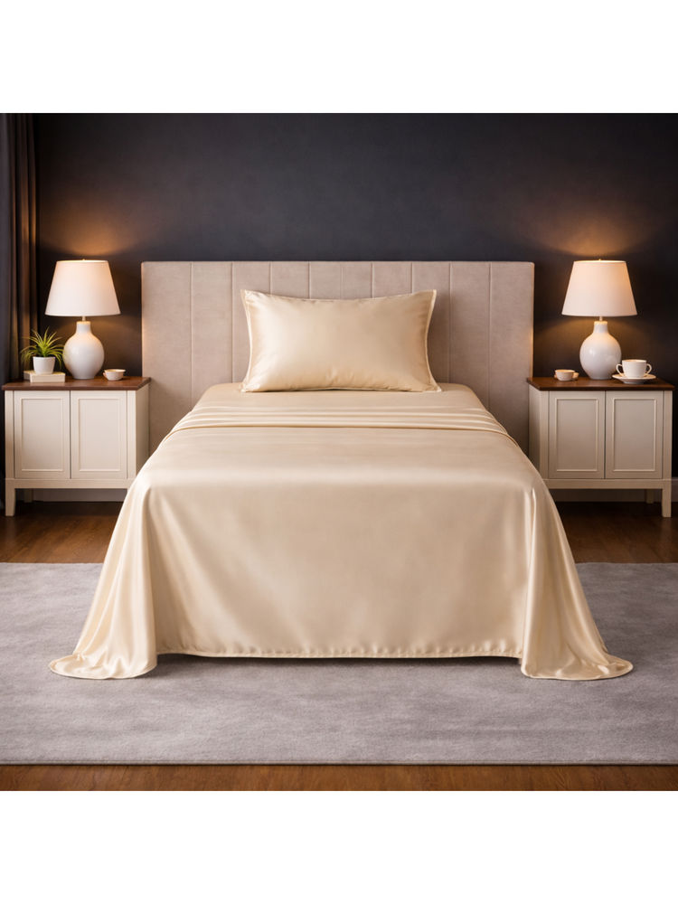 LANE LINEN Beige Satin Fantasy Cotton Bedsheet with 1 Pillow Cover (Single)-image-24